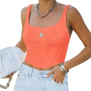 Reoria Corset Tank Top in Neon Pink XL -‎ Fitted Square Neck Bustier Crop Tank